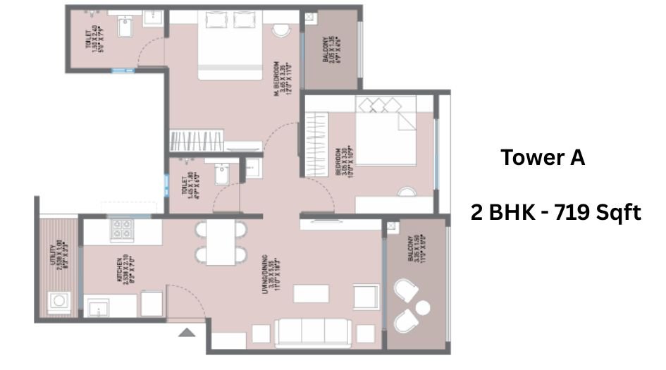 JN-AA-Privilege-Floor-Plan- Tower- A- 2 BHK - 719 Sqft